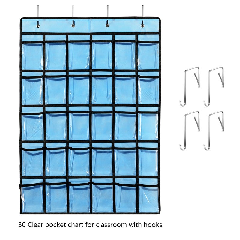 KEEPJOY Classroom Pocket Chart for Cellphone Calculator Holder, 30 Clear Pocket Charts for Classroom 33.5 x 24.5 inch Hanging cell phone Organizer Storage (Blue-30 pockets) - Image 4